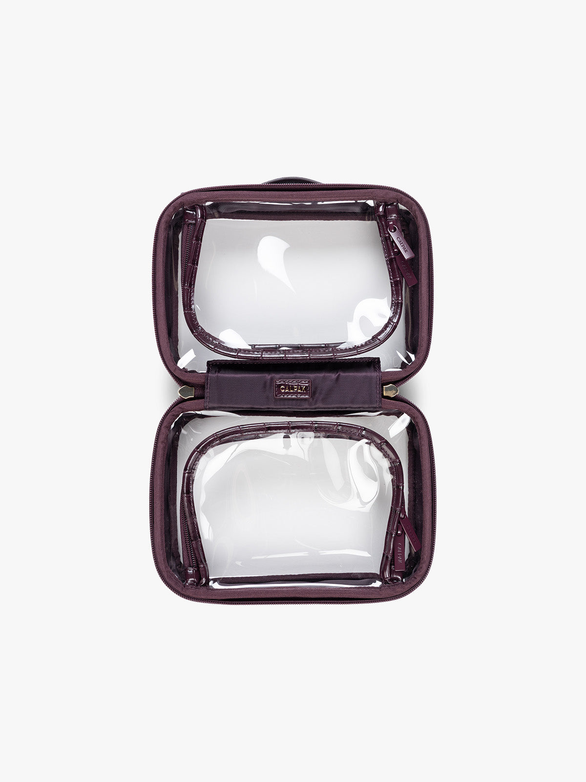 Opened view of CALPAK Small Clear Cosmetics Case that is a transparent pouch with a deep red Dark Cherry in crocodile-embossed; CCM2001-DARK-CHERRY-FAUX-CROC
