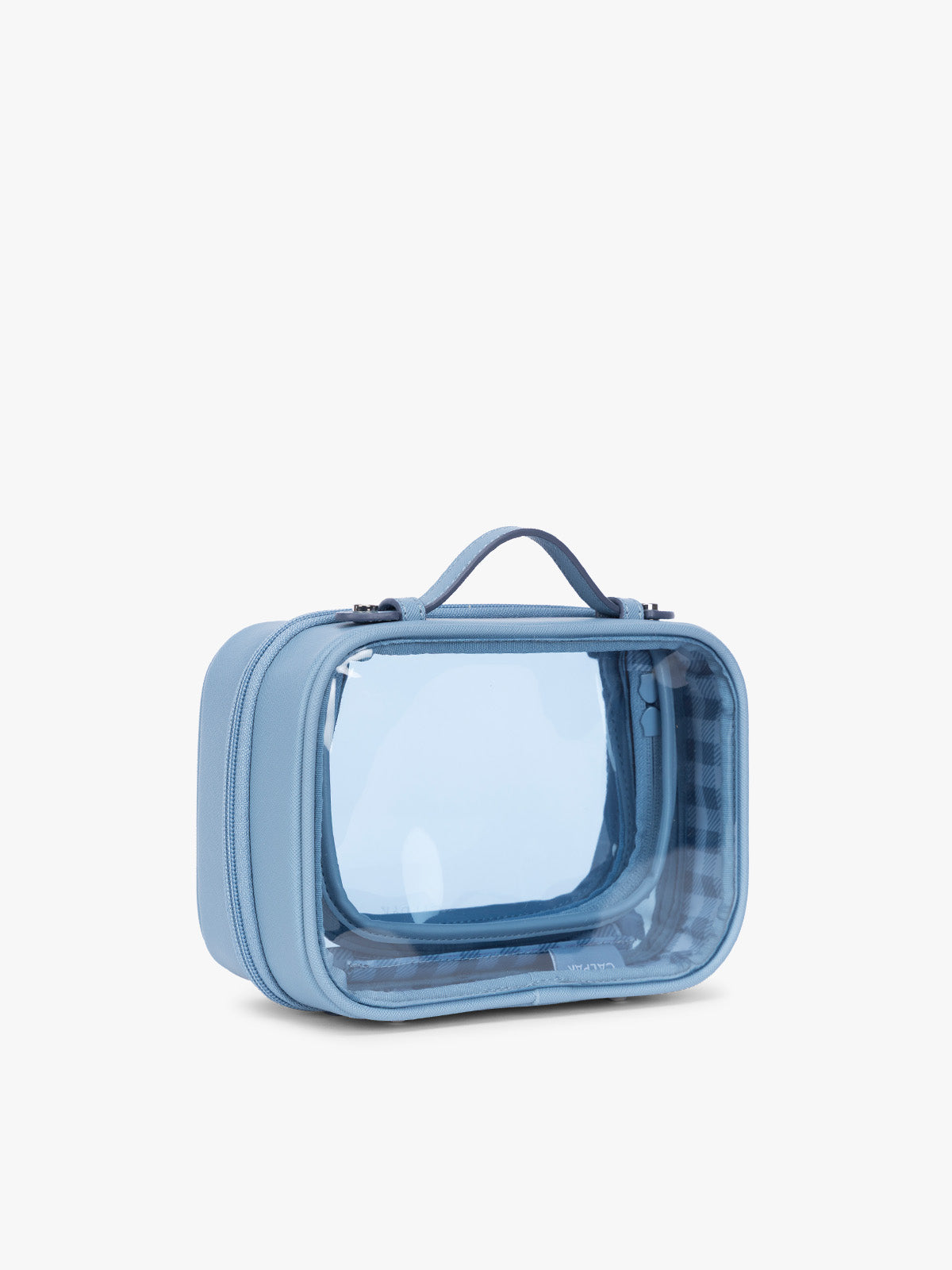 Side view of CALPAK Small Clear Cosmetic Case in light blue French Blue with white and light blue gingham interior;CCM2001-FRENCH-BLUE
