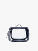 CALPAK Small Clear Cosmetic Case in dark blue Metallic Indigo with white and dark blue gingham interior ; CCM2001-METALLIC-INDIGO