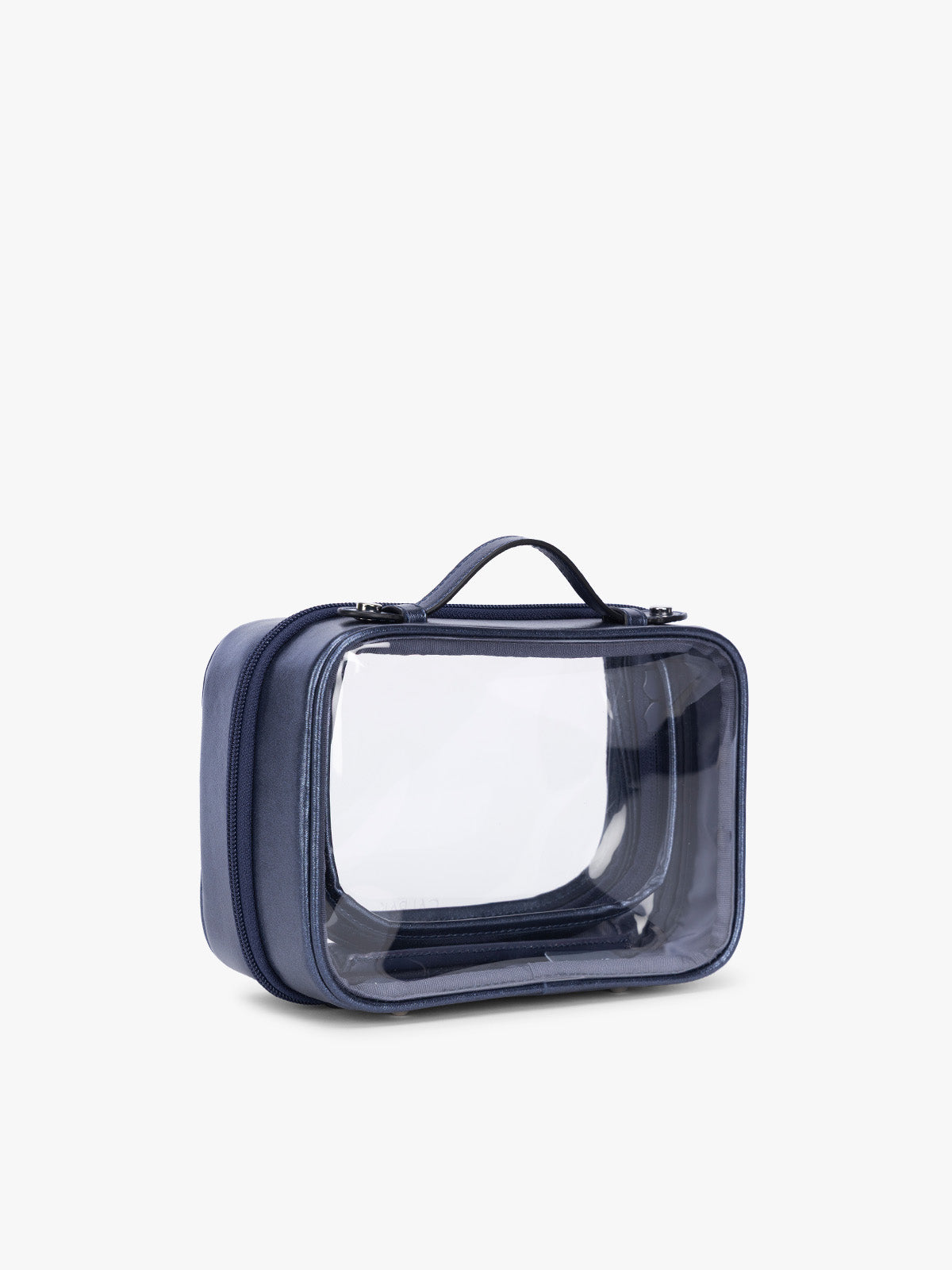 Side view of CALPAK Small Clear Cosmetic Case in dark blue Metallic Indigo with white and dark blue gingham interior ; CCM2001-METALLIC-INDIGO