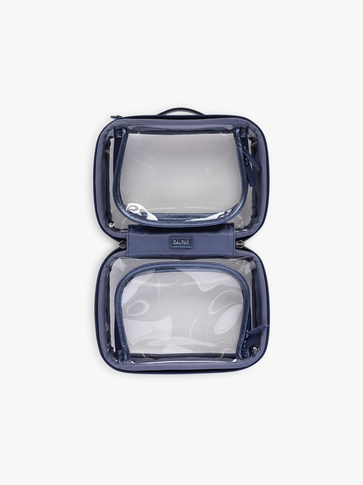 Opened view of CALPAK Small Clear Cosmetic Case in dark blue Metallic Indigo with white and dark blue gingham interior ; CCM2001-METALLIC-INDIGO