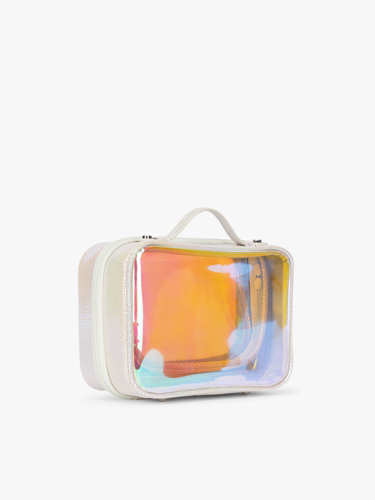 Side view of the Person wearing beige holding a CALPAK Small Clear Cosmetic Case in Moonbeam with white border and transparent holographic iridescent makeup bag with orange on a white background; CCM2001-MOONBEAM