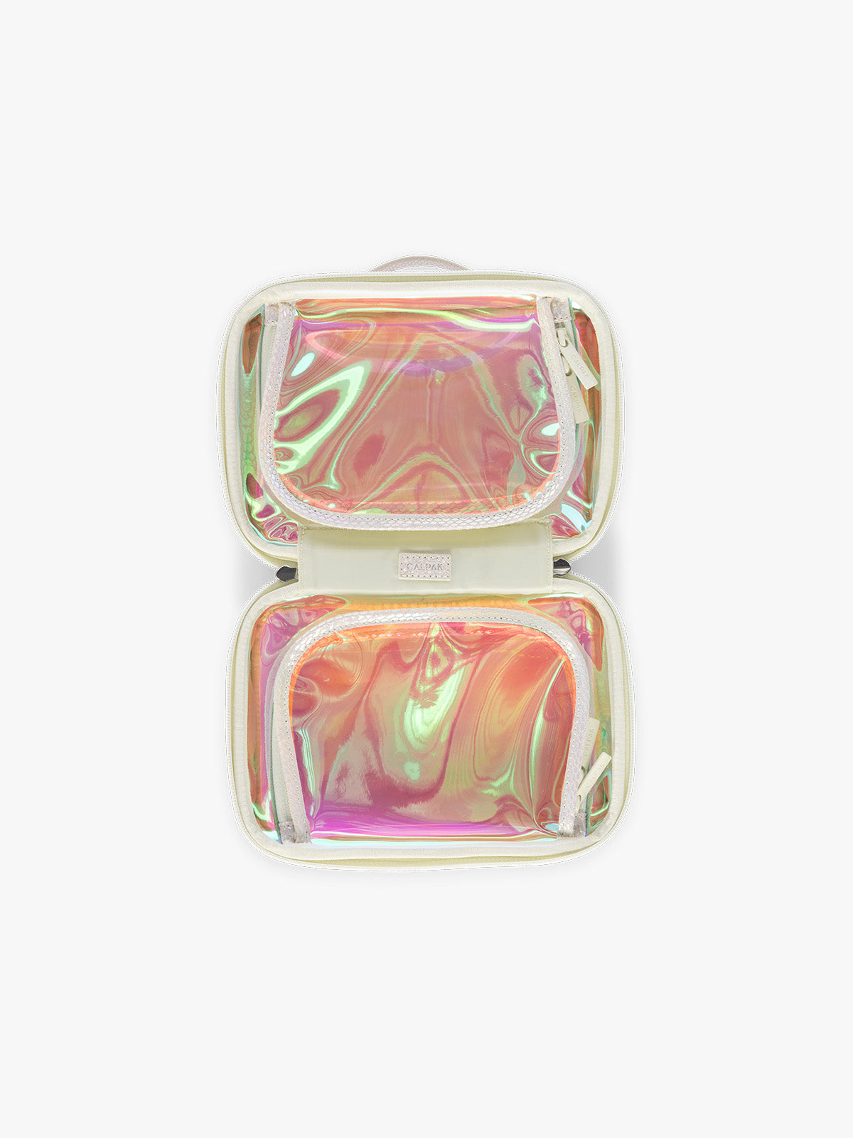 Opened view of Person wearing beige holding a CALPAK Small Clear Cosmetic Case in Moonbeam with white border and transparent holographic iridescent makeup bag on a white background; CCM2001-MOONBEAM