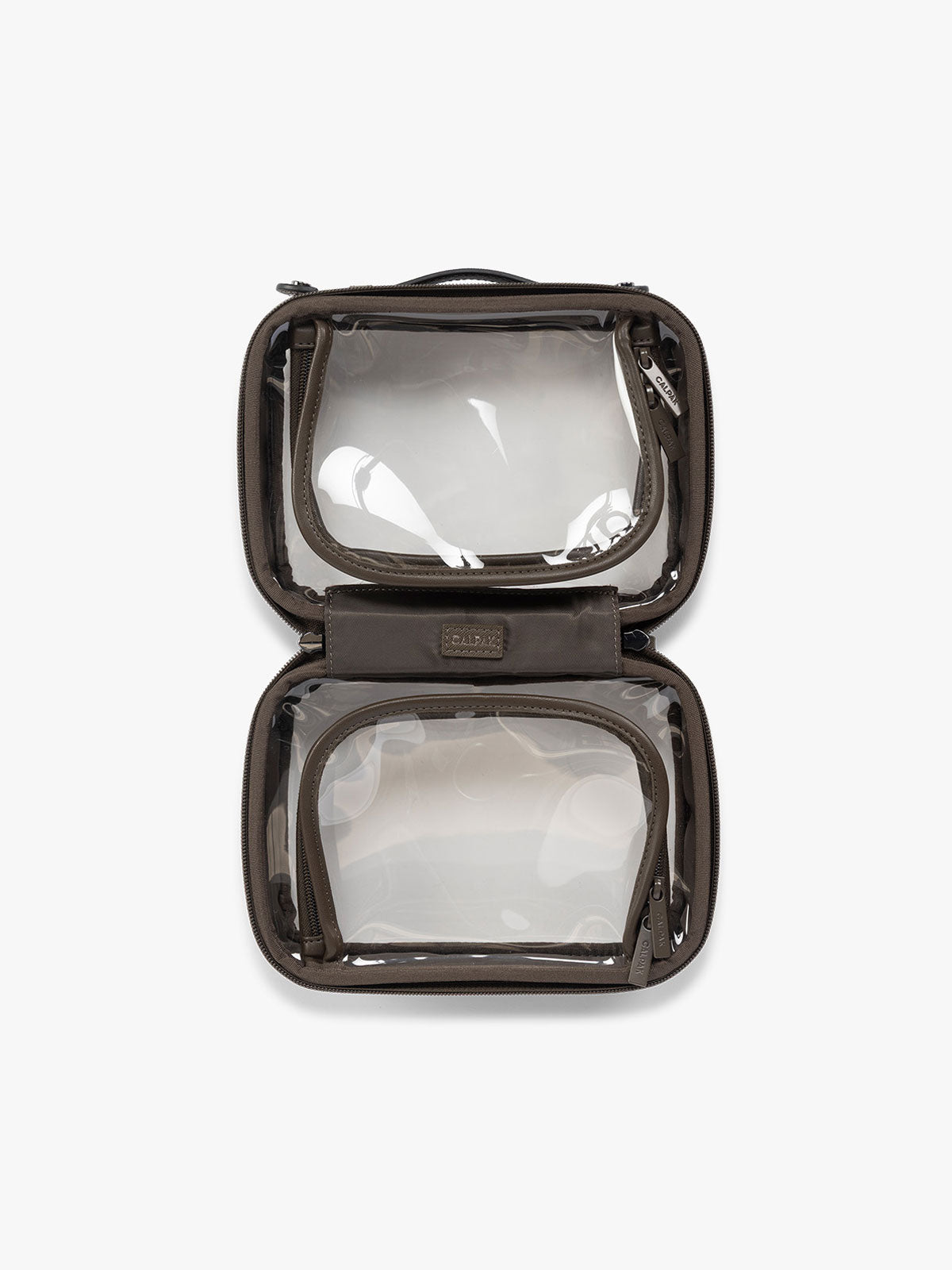Opened view of CALPAK Small Clear Cosmetics Case in brown Mushroom; CCM2001-MUSHROOM