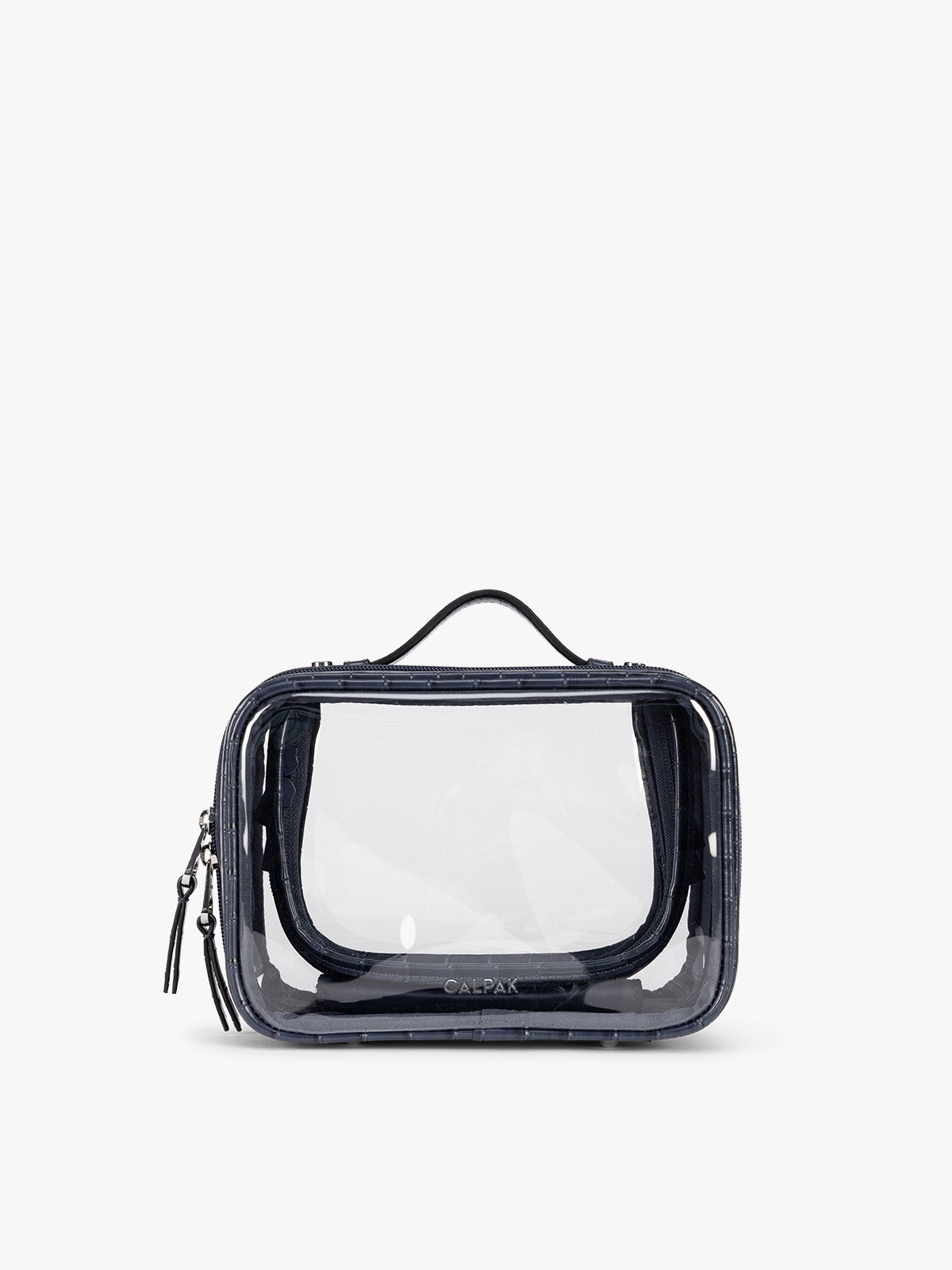 CALPAK Small Clear Cosmetics Case that is a transparent pouch with a deep blue Navy in crocodile-embossed; CCM2001-NAVY-FAUX-CROC