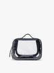 CALPAK Small Clear Cosmetics Case that is a transparent pouch with a deep blue Navy in crocodile-embossed; CCM2001-NAVY-FAUX-CROC