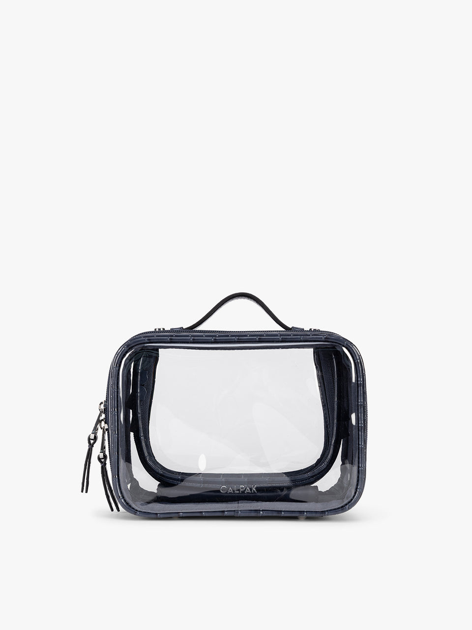 CALPAK Small Clear Cosmetics Case that is a transparent pouch with a deep blue Navy in crocodile-embossed; CCM2001-NAVY-FAUX-CROC