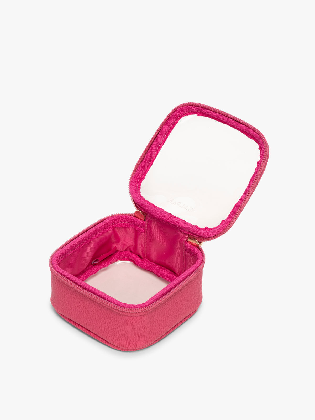 CALPAK Tiny Clear Cosmetic Case in bright pink Dragonfruit opened with zipper; CCT2501-DRAGONFRUIT