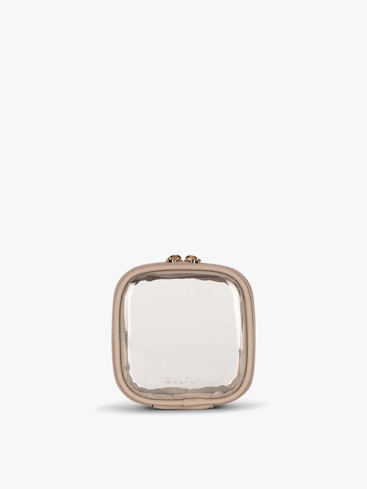 CALPAK Tiny Clear Cosmetic Case in tan Stone front view; CCT2501-STONE