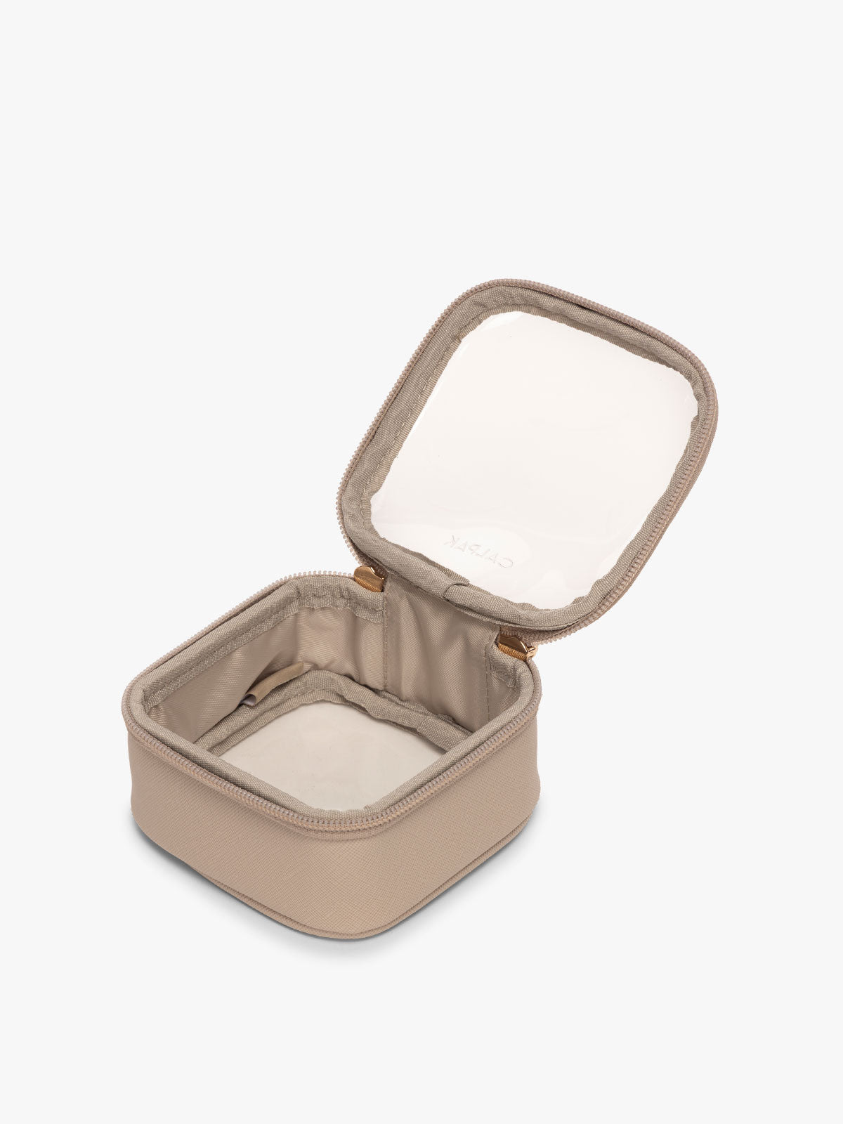 CALPAK Tiny Clear Cosmetic Case in tan Stone opened with zipper; CCT2501-STONE