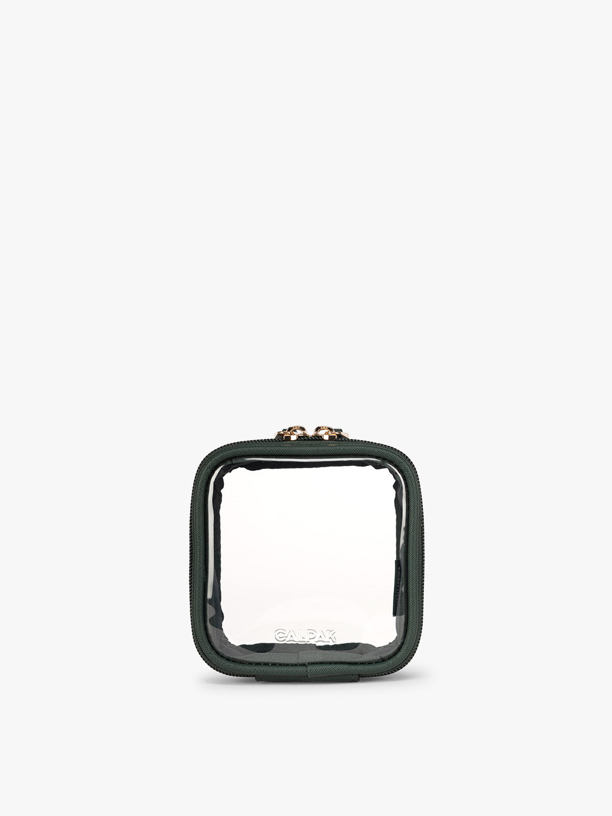 CALPAK Tiny Clear Cosmetics Case in dark green Emerald on a white background; CCT2501-EMERALD