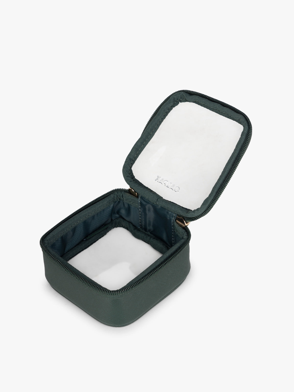 Opened view of CALPAK Tiny Clear Cosmetics Case in dark green Emerald on a white background; CCT2501-EMERALD