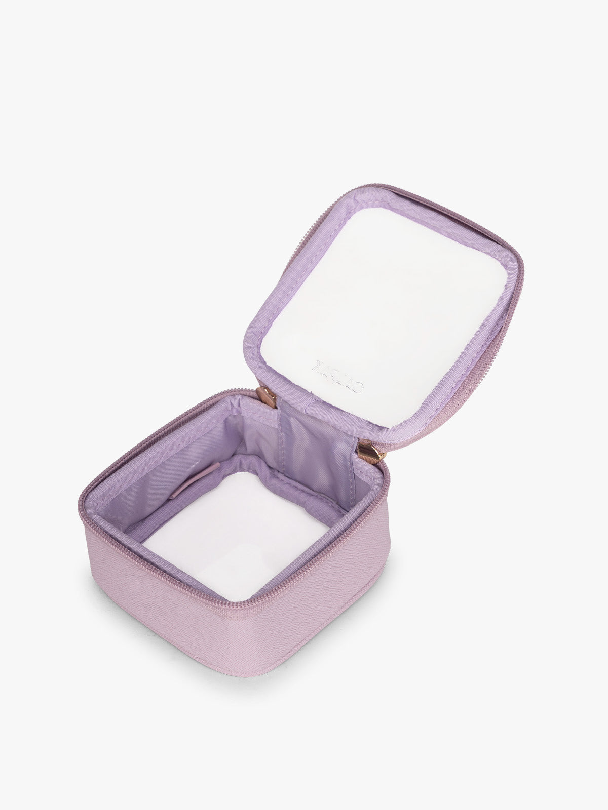 Opened view of CALPAK Tiny Clear Cosmetics Case in purple Lavender on a white background; CCT2501-LAVENDER