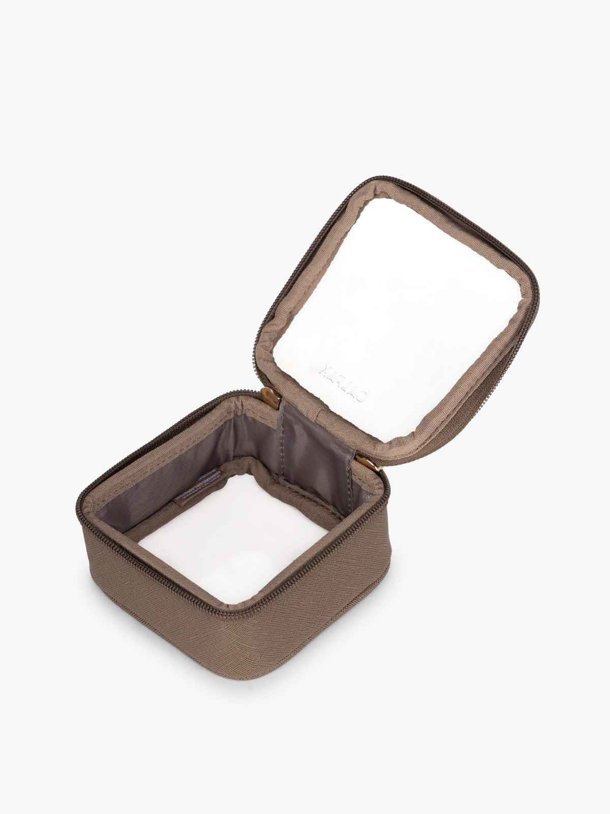 Opened view of CALPAK Tiny Clear Cosmetics Case in brown Mocha on a white background; CCT2501-MOCHA