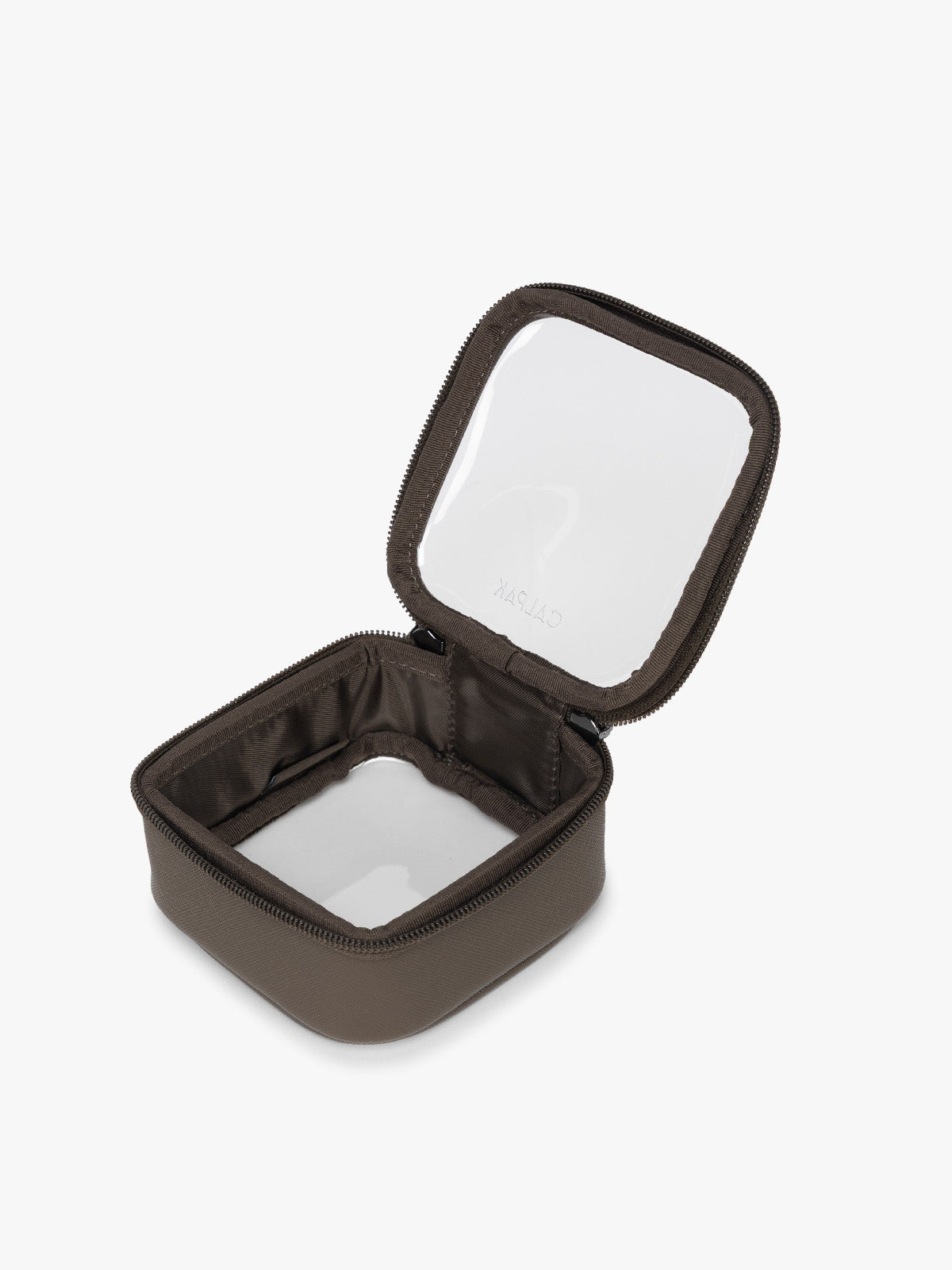 Opened CALPAK Tiny Clear Cosmetic Case in brown Mushroom; CCT2501-MUSHROOM