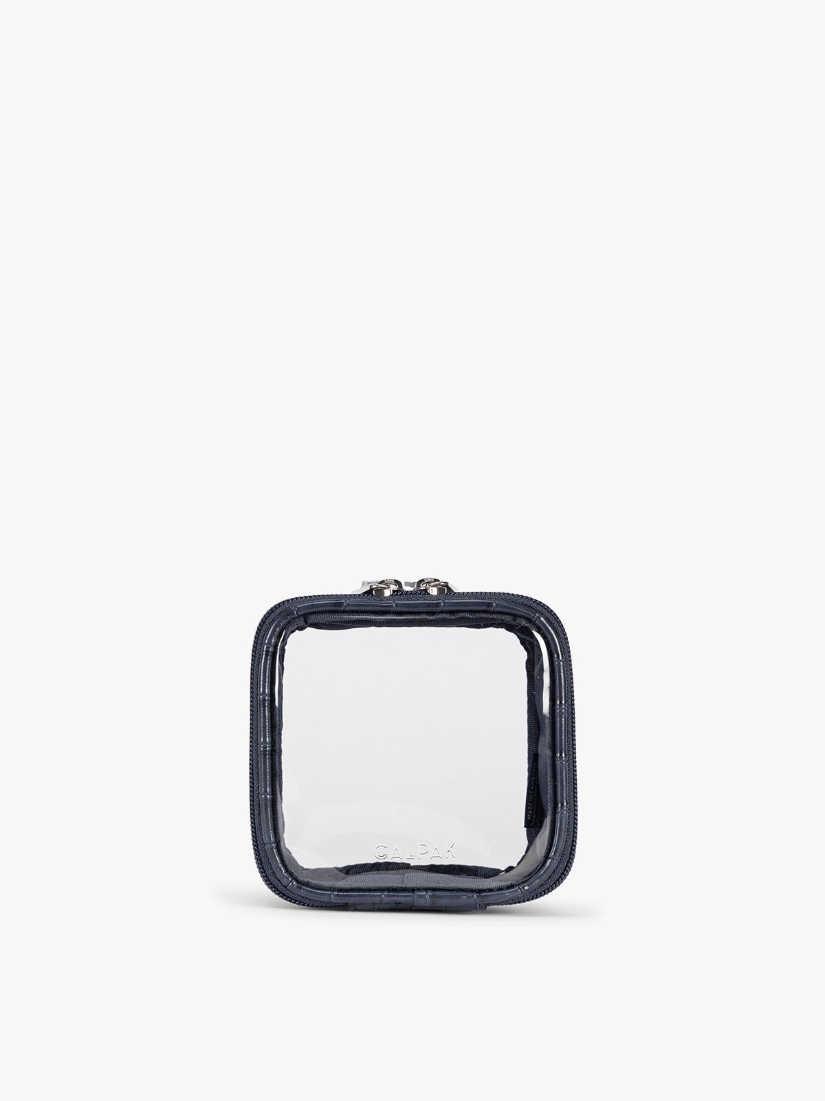 CALPAK Tiny Clear Cosmetics Case that is a transparent pouch with a dark navy blue in crocodile-embossed; CCT2501-NAVY-FAUX-CROC