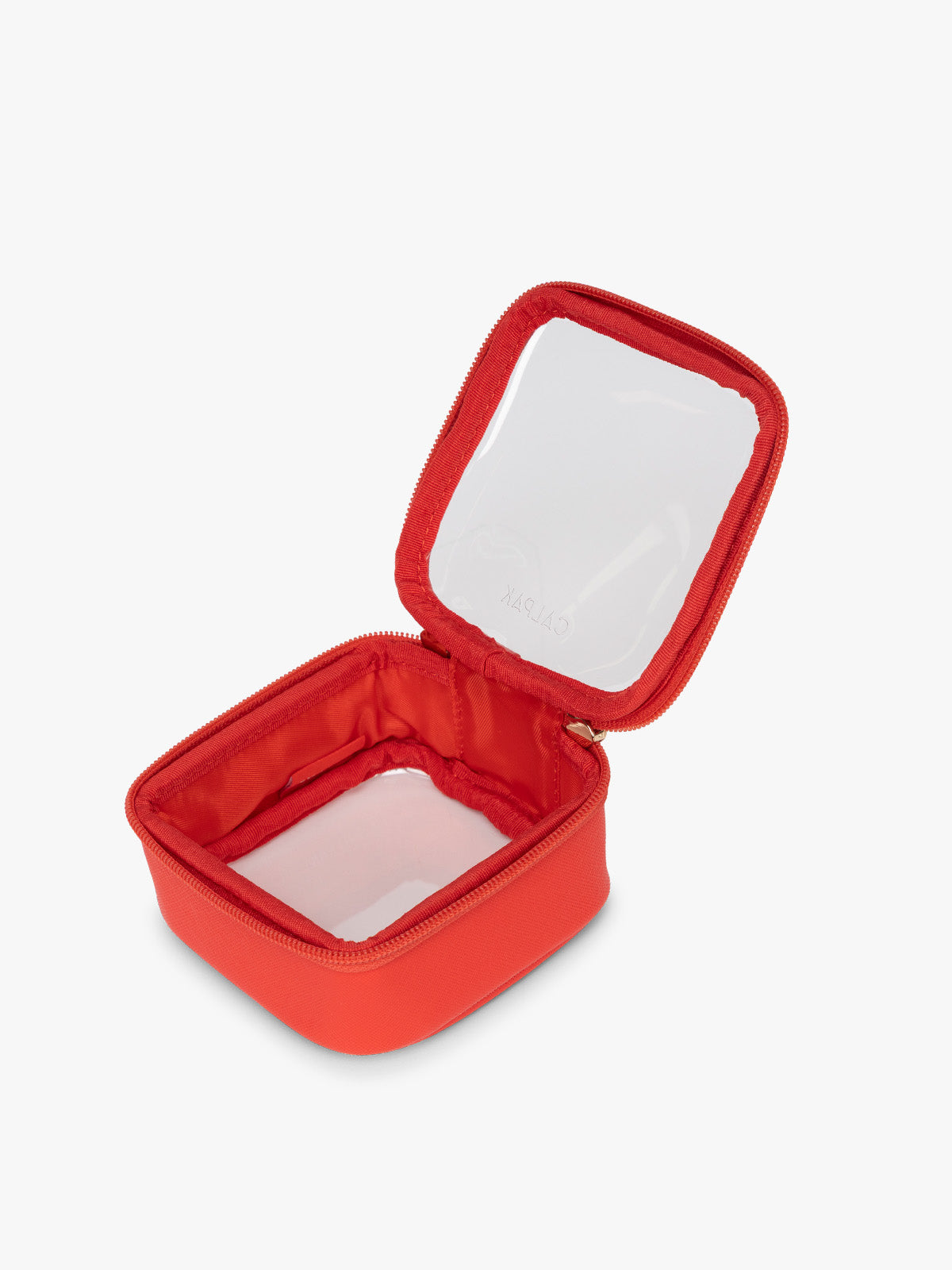 Opened CALPAK Tiny Clear Cosmetic Case in red Tomato; CCT2501-TOMATO