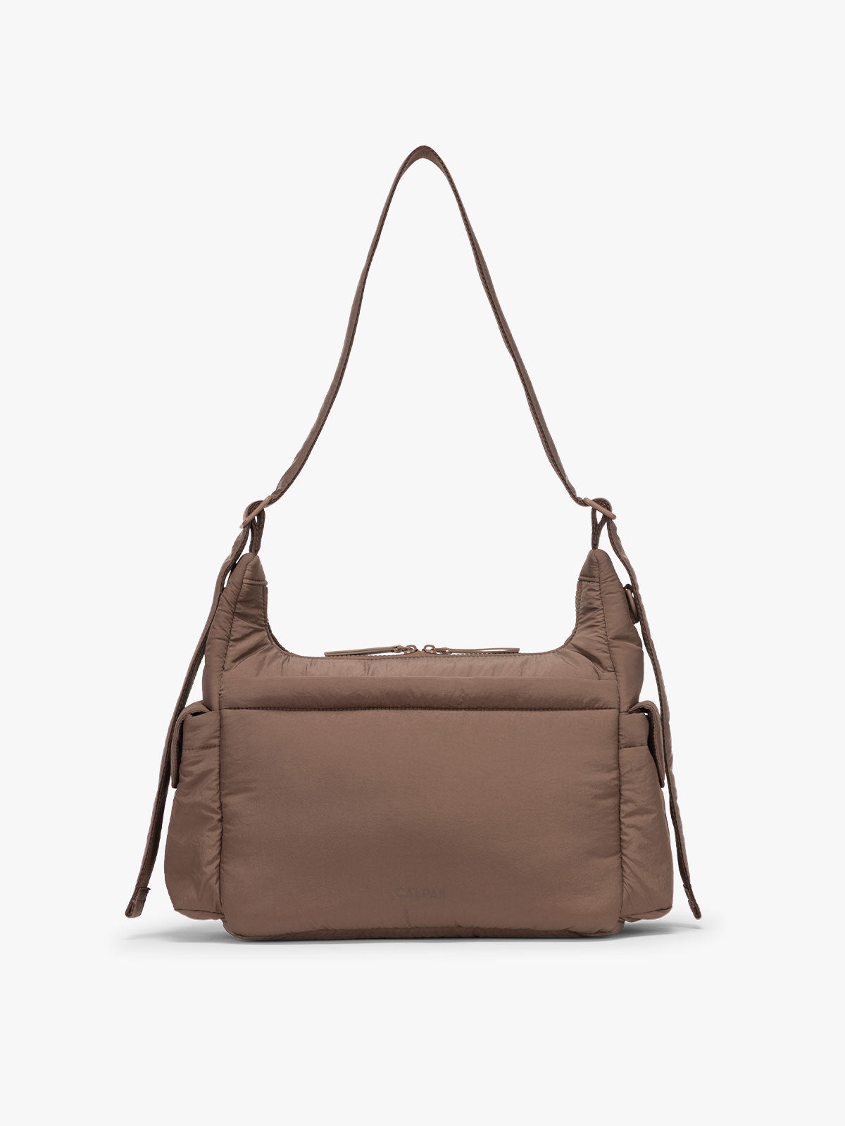 CALPAK Crossbody Diaper Bag in brown Hazelnut back view; CDB2501-HAZELNUT