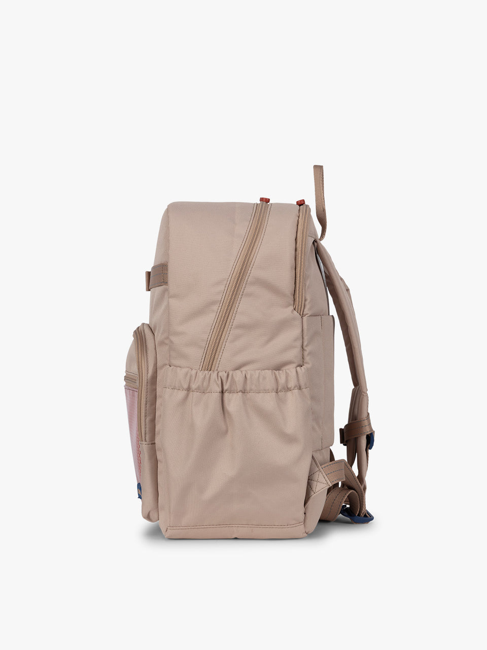 CALPAK Kids Large Backpack in brown and tan Khaki for ages 8-12 side view with water bottle holder pocket; CKBL2501-KHAKI