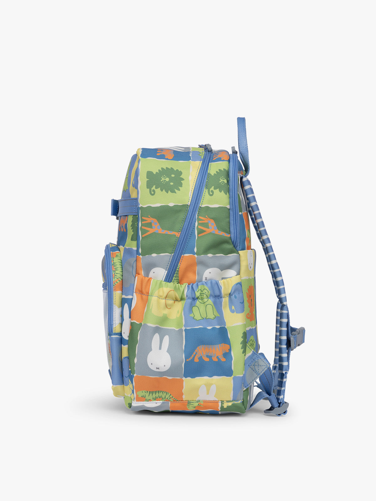 Side view of CALPAK Kids Large Backpack with Miffy and blue colorful animal pattern on a white background; CKBL2501-MIFFY-BLUE-ZOO-TRIP