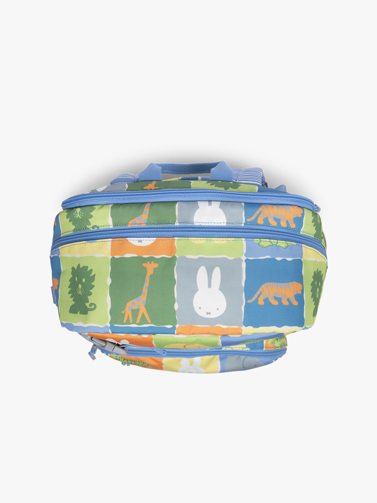Top of CALPAK Kids Large Backpack with Miffy and blue colorful animal pattern on a white background; CKBL2501-MIFFY-BLUE-ZOO-TRIP