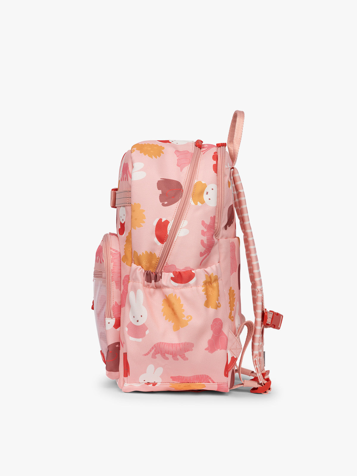 Side view of CALPAK Kids Large Backpack with Miffy and pink colorful animal pattern on a white background; CKBL2501-MIFFY-PINK-ZOO-TRIP