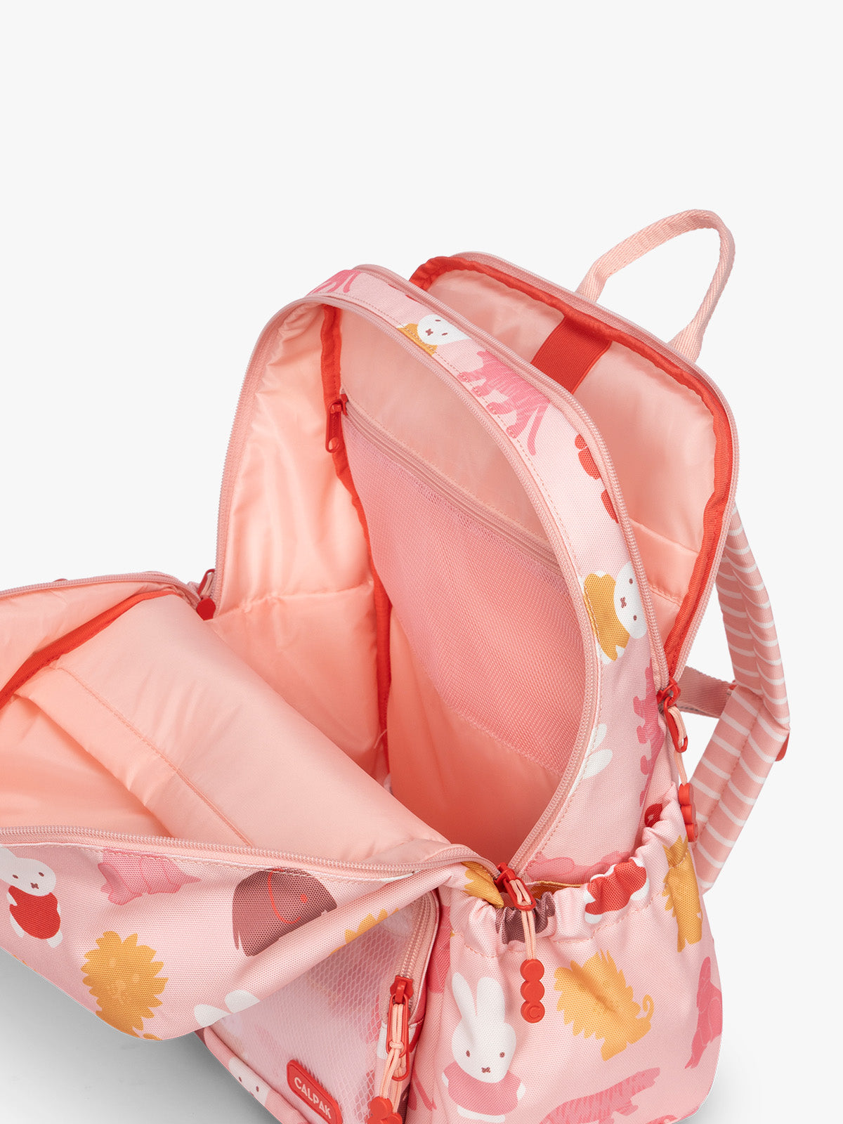Opened pockets of Side view of CALPAK Kids Large Backpack with Miffy and pink colorful animal pattern on a white background; CKBL2501-MIFFY-PINK-ZOO-TRIP