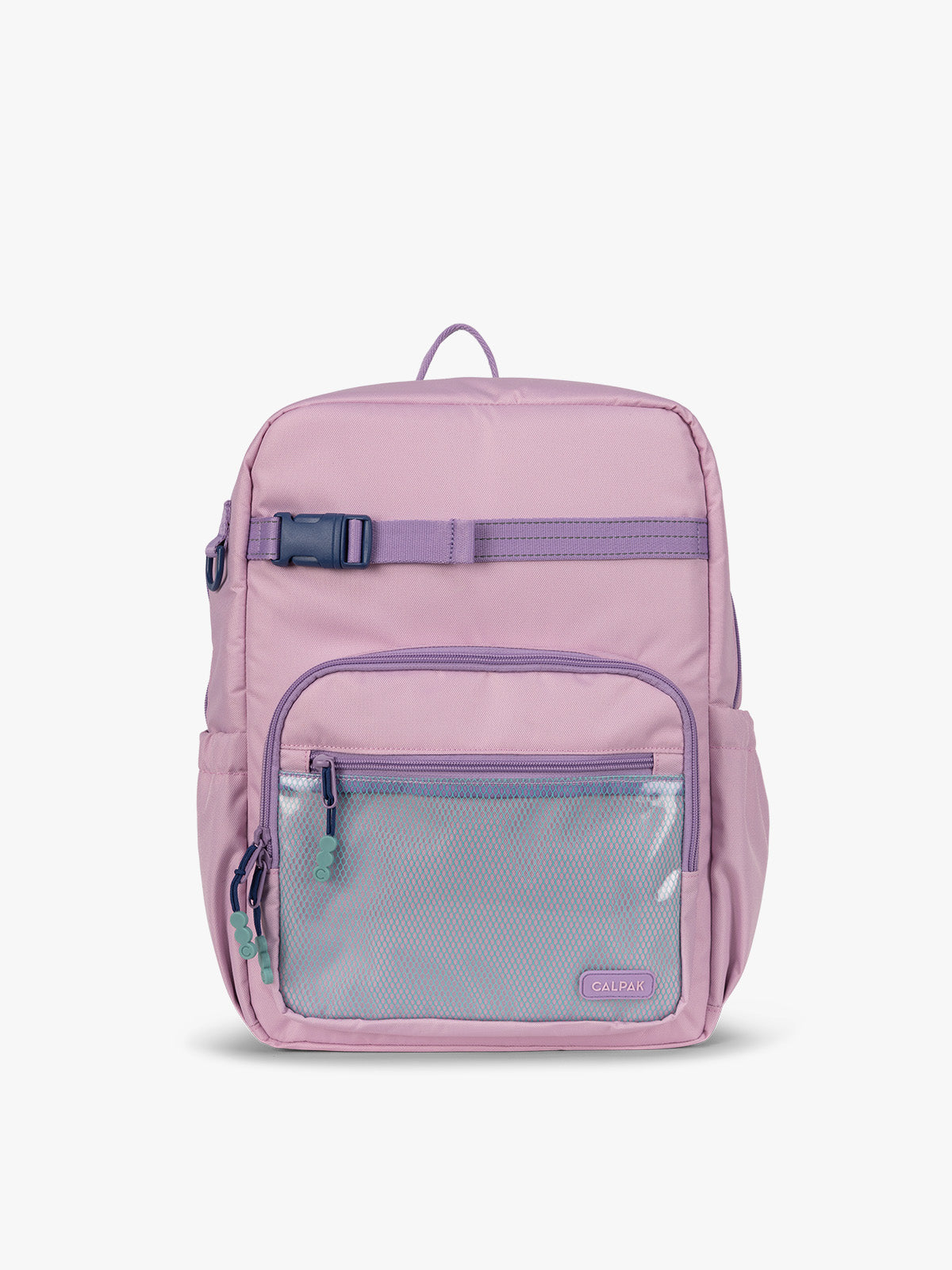 CALPAK Kids Large Backpack in lavender pink Orchid Pink for ages 8-12 side view with water bottle holder pocket; CKBL2501-ORCHID-PINK