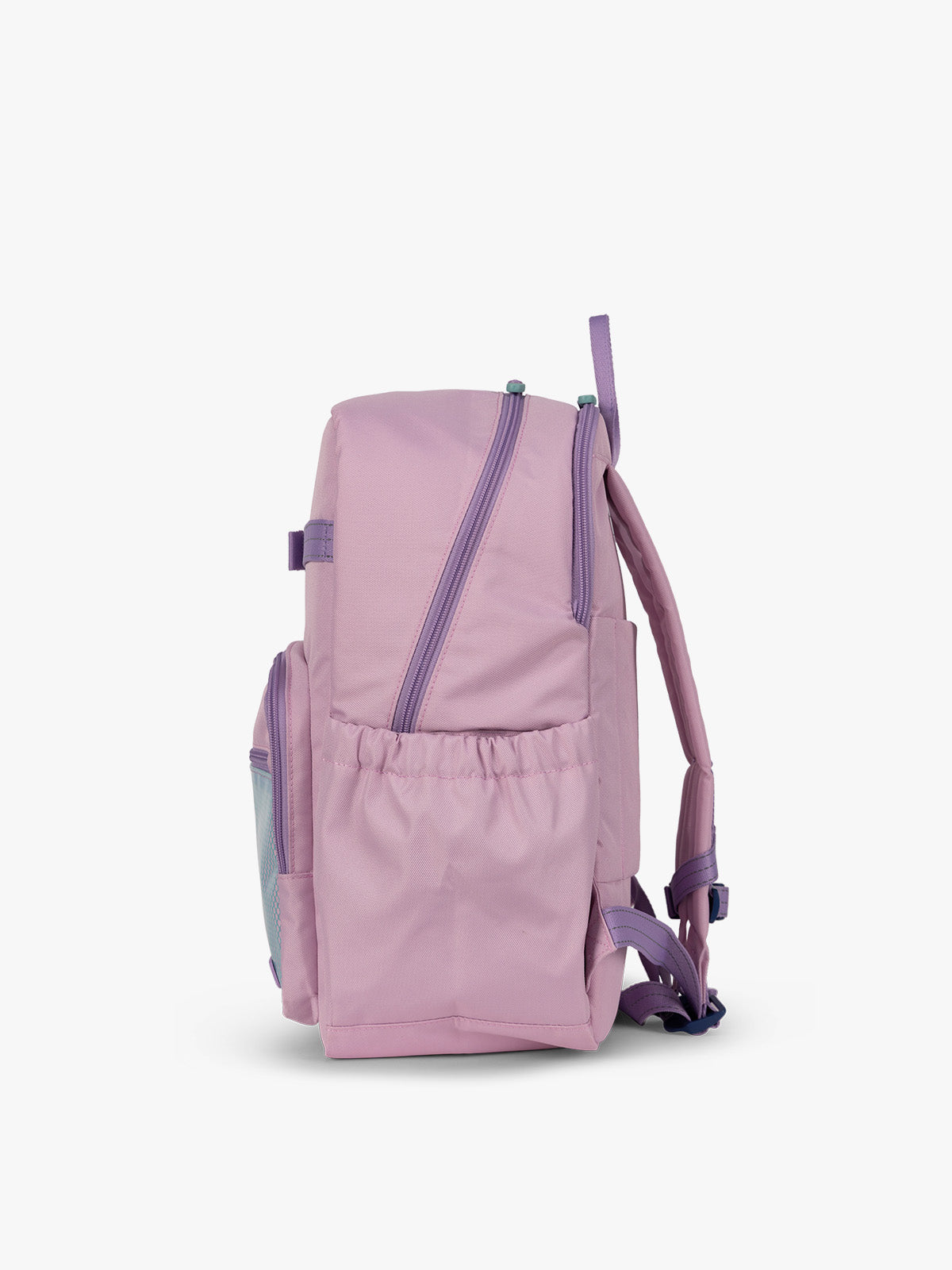 CALPAK Kids Large Backpack in pink lavender in Orchid Pink for ages 8-12 side view with water bottle holder pocket; CKBL2501-ORCHID-PINK