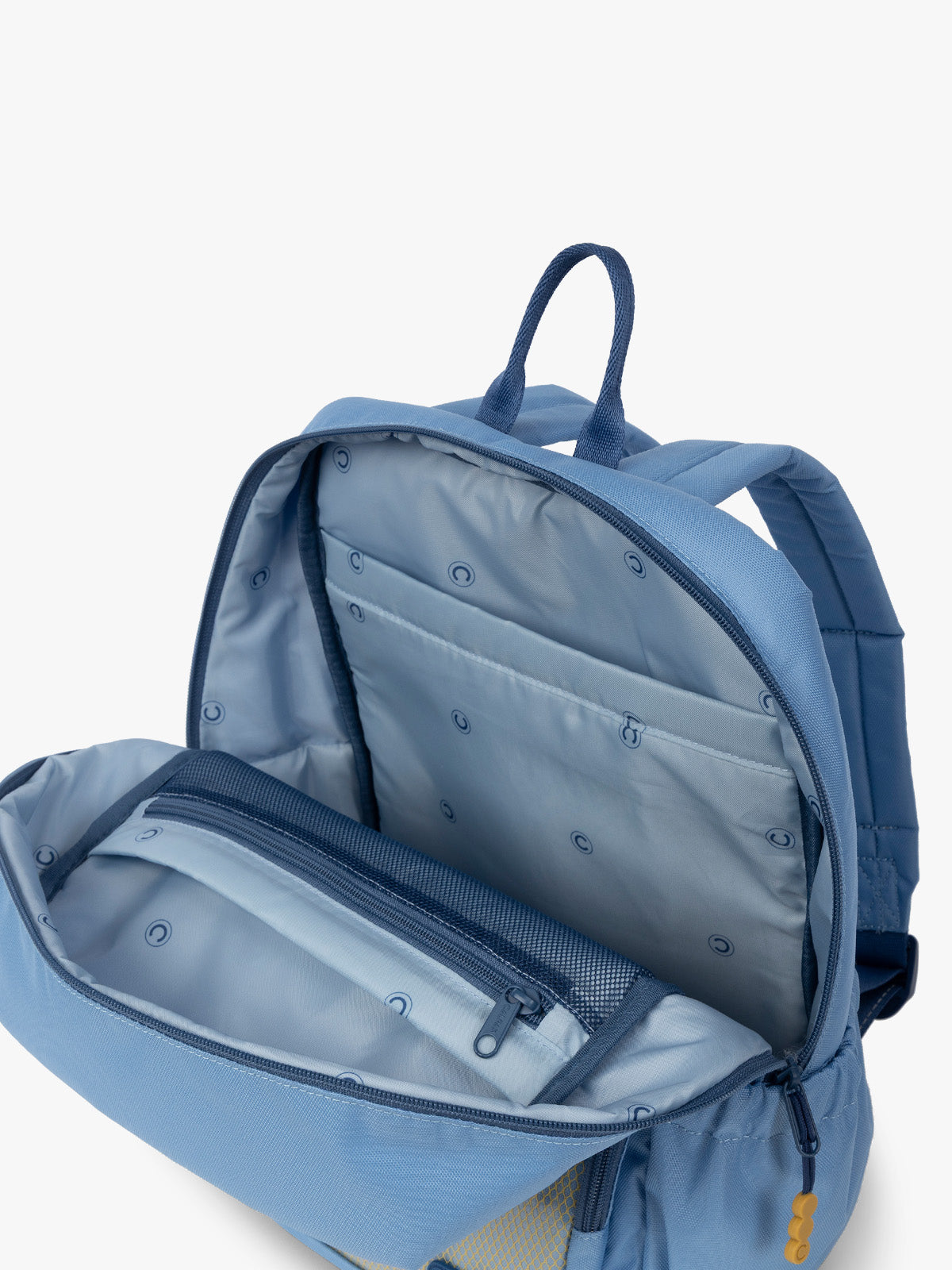 CALPAK Kids Medium Backpack in Blue for ages 5-8 opened view with multiple interior pockets and blue lining; CKBM2501-BLUE