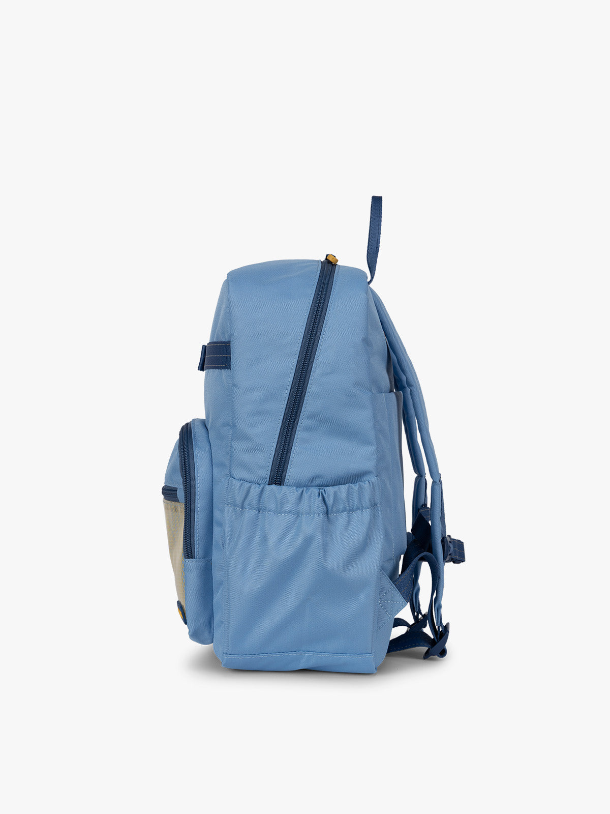 CALPAK Kids Medium Backpack in Blue for ages 5-8 side view with water bottle holder pocket; CKBM2501-BLUE