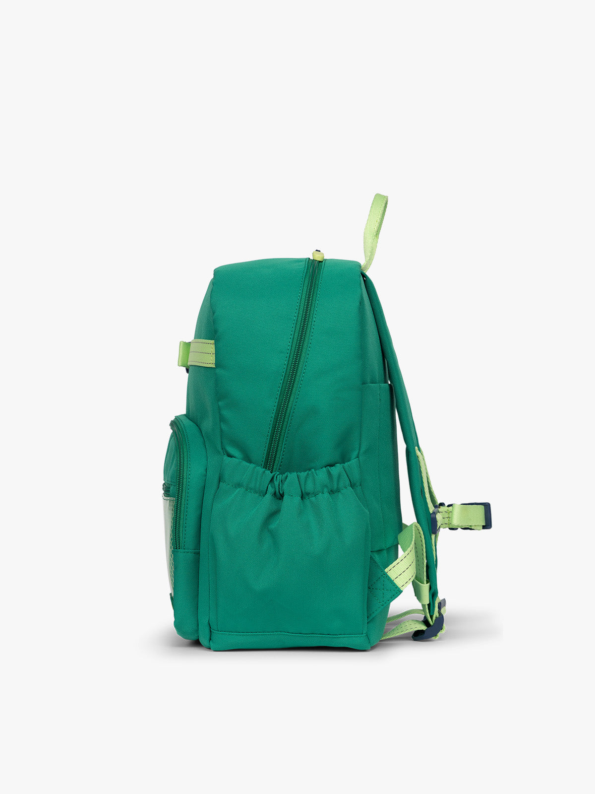 Side view of the green CALPAK Kids Medium Backpack with lime green accents on a white background; CKBM2501-GREEN