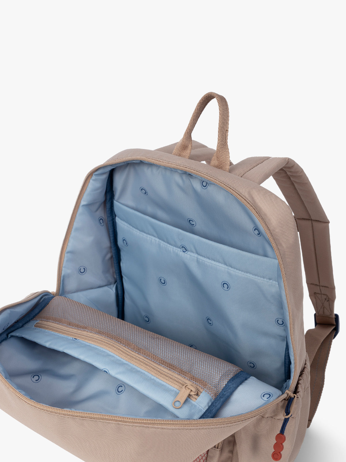 CALPAK Kids Medium Backpack in brown and tan Khaki for ages 5-8 opened view with multiple interior pockets and blue lining; CKBM2501-KHAKI