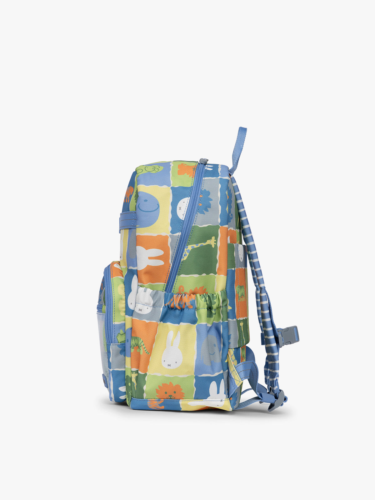 Side view of CALPAK Kids Medium Backpack with Miffy and blue colorful animal pattern on a white background; CKBM2501-MIFFY-BLUE-ZOO-TRIP