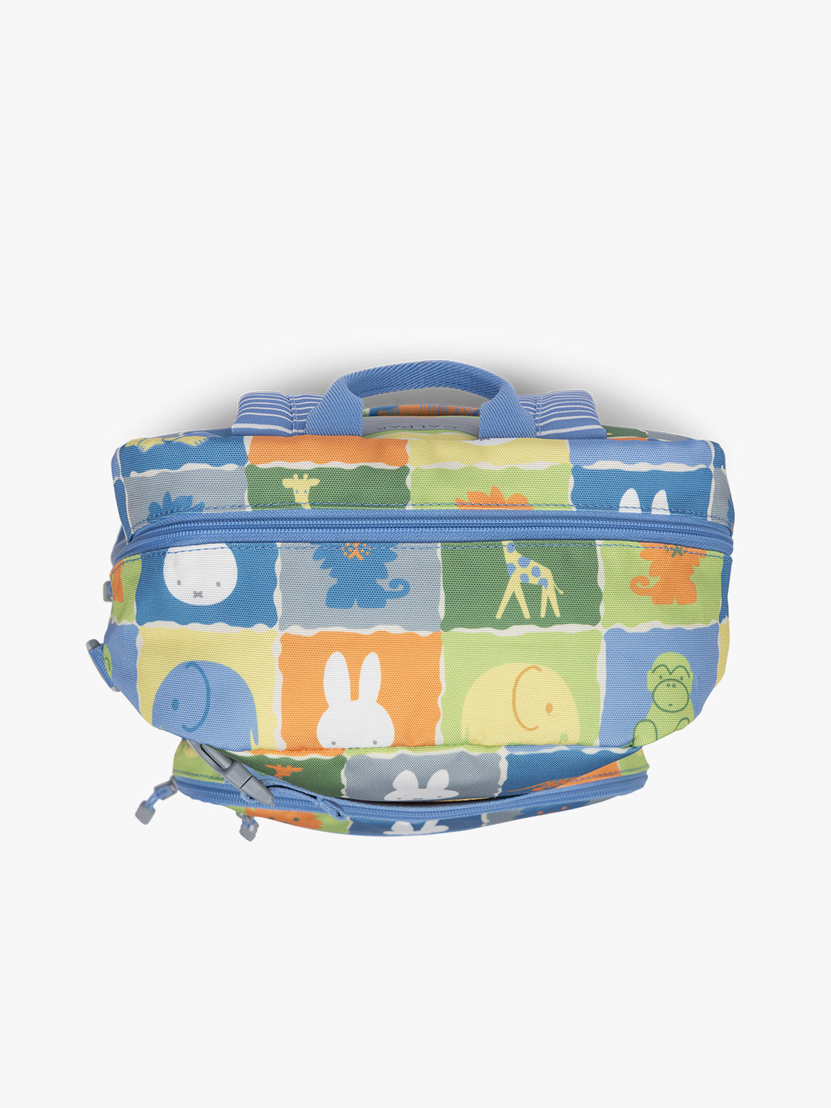 Top view of  CALPAK Kids Medium Backpack with Miffy and blue colorful animal pattern on a white background; CKBM2501-MIFFY-BLUE-ZOO-TRIP
