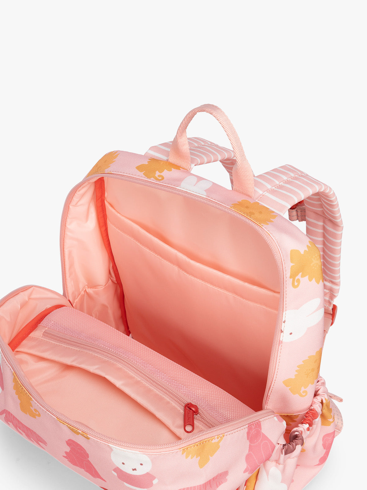 Opened pockets of CALPAK Kids Medium Backpack with Miffy and pink colorful animal pattern on a white background; CKBM2501-MIFFY-PINK-ZOO-TRIP