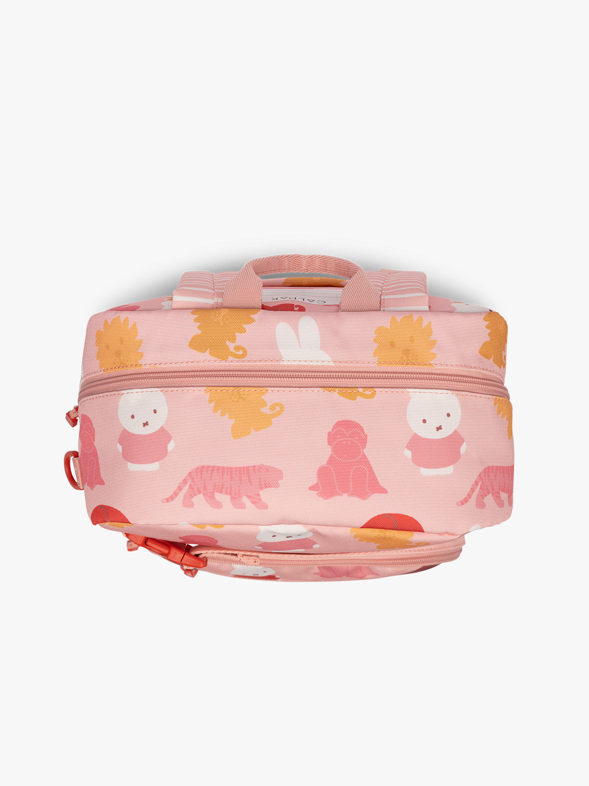 Top view of CALPAK Kids Medium Backpack with Miffy and pink colorful animal pattern on a white background; CKBM2501-MIFFY-PINK-ZOO-TRIP