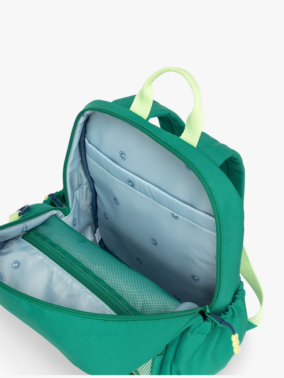 Blue interior opened view of the Green CALPAK Kids Small Backpack with lime green accents on a white background; CKBS2501-GREEN