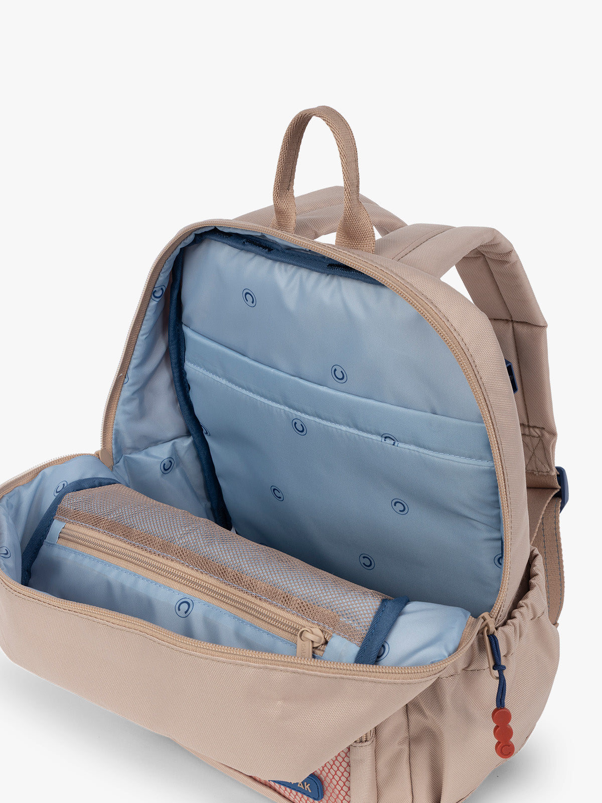 CALPAK Kids Small Backpack in brown and tan Khaki for ages 3-5 opened view with multiple interior pockets and blue lining; CKBS2501-KHAKI