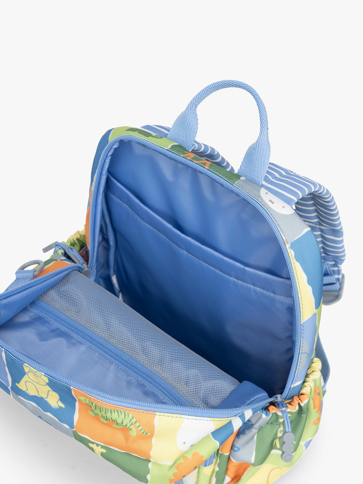 Opened interior of CALPAK Kids Small Backpack with Miffy and blue colorful animal pattern on a white background; CKBS2501-MIFFY-BLUE-ZOO-TRIP