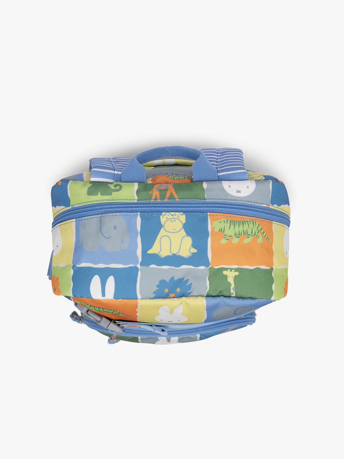 Top view of CALPAK Kids Small Backpack with Miffy and blue colorful animal pattern on a white background; CKBS2501-MIFFY-BLUE-ZOO-TRIP
