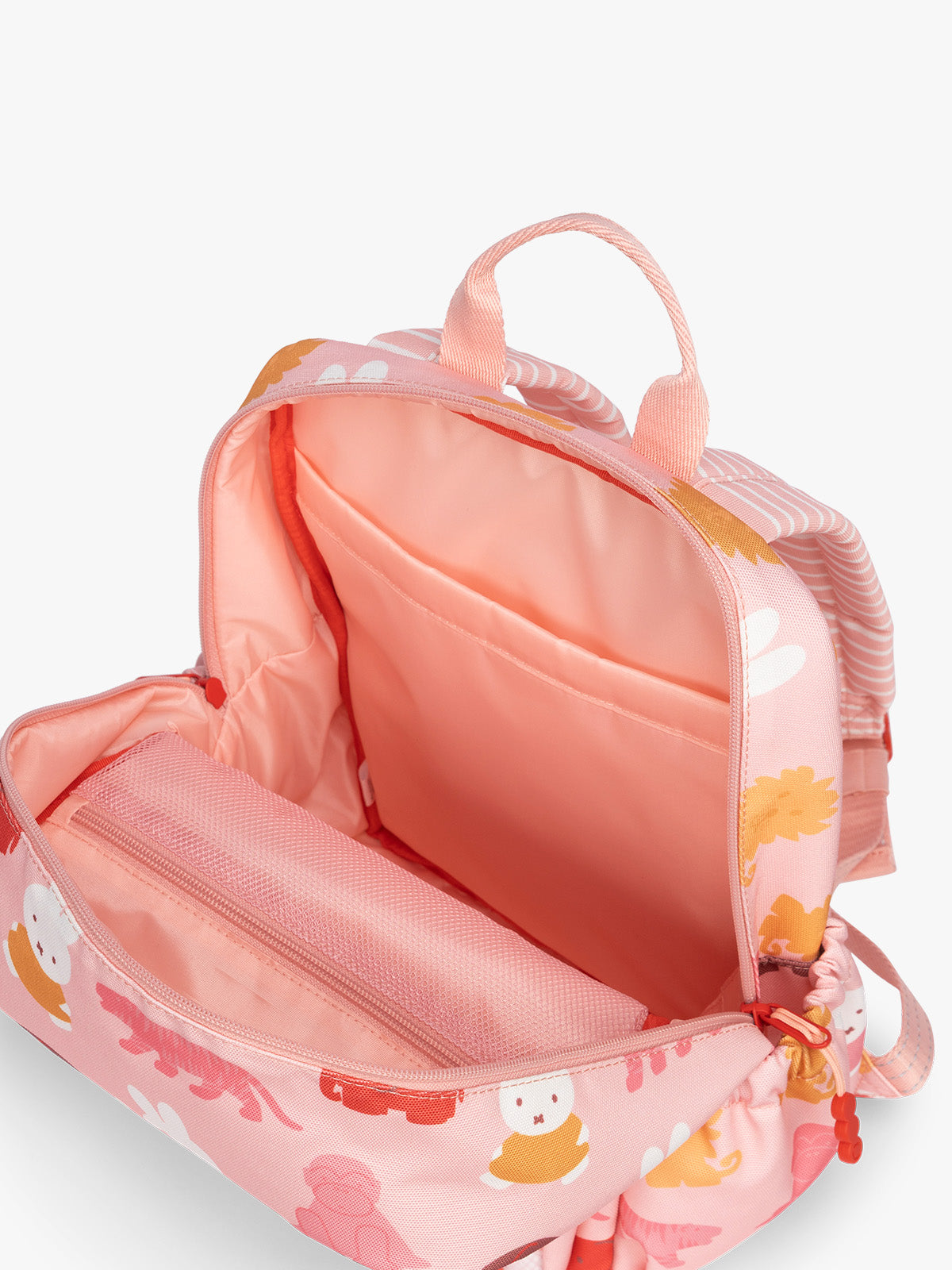 Opened view of CALPAK Kids Small Backpack with Miffy and pink colorful animal pattern on a white background; CKBS2501-MIFFY-PINK-ZOO-TRIP