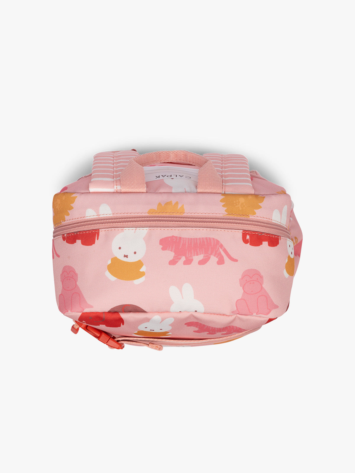 Top view of CALPAK Kids Small Backpack with Miffy and pink colorful animal pattern on a white background; CKBS2501-MIFFY-PINK-ZOO-TRIP
