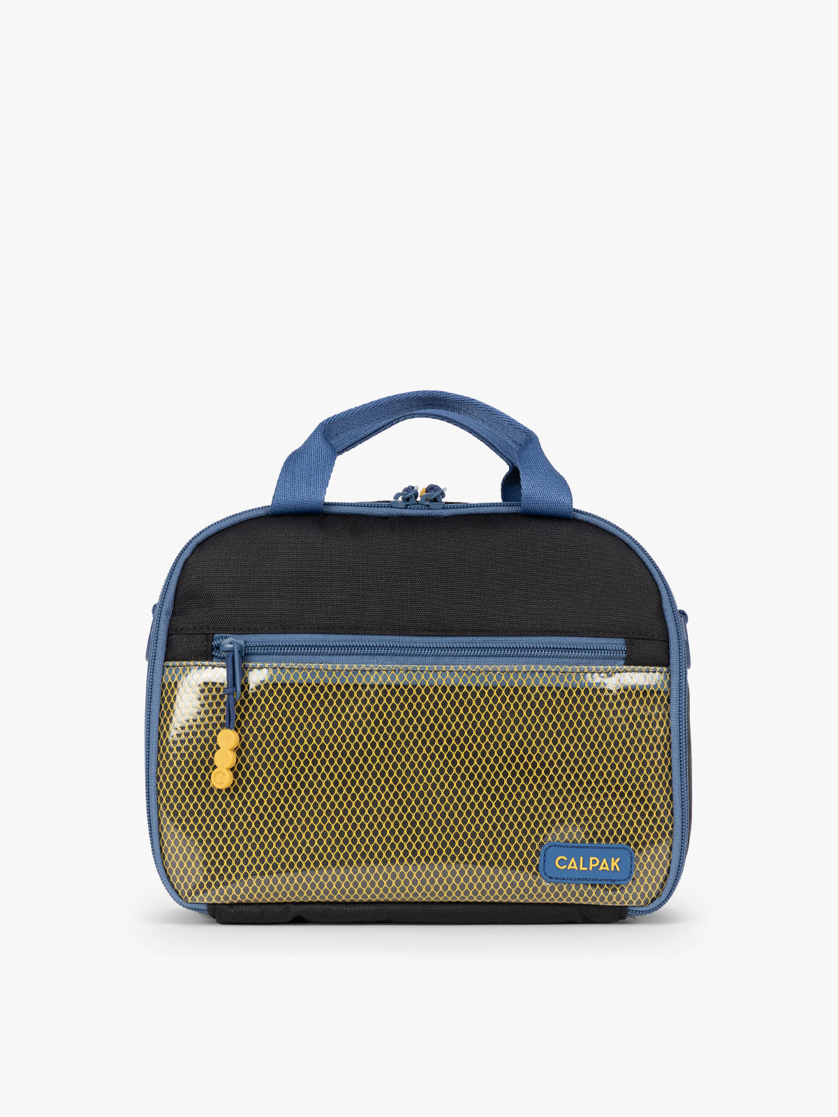 CALPAK Kids Lunch Bag in Black front view with blue zippers and yellow mesh front pocket, water-proof lining, insulated, multiple interior pockets, and back name tag; CKLB2501-BLACK