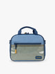 CALPAK Kids Lunch Bag in Blue front view with dark blue zippers and yellow mesh front pocket, water-proof lining, insulated, multiple interior pockets, and back name tag; CKLB2501-BLUE 