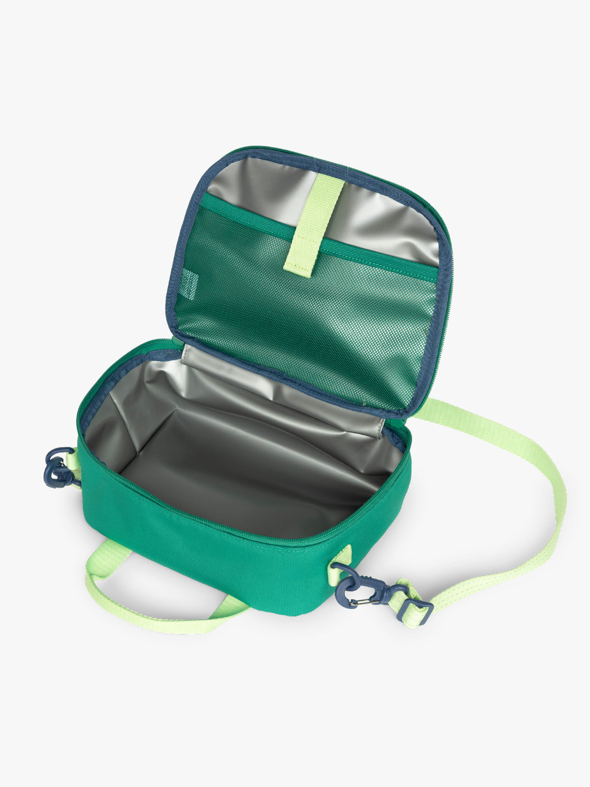 Opened view of insulated Green CALPAK Kids Lunch Bag with lime green accents and front mesh pocket on a white background; CKLB2501-GREEN