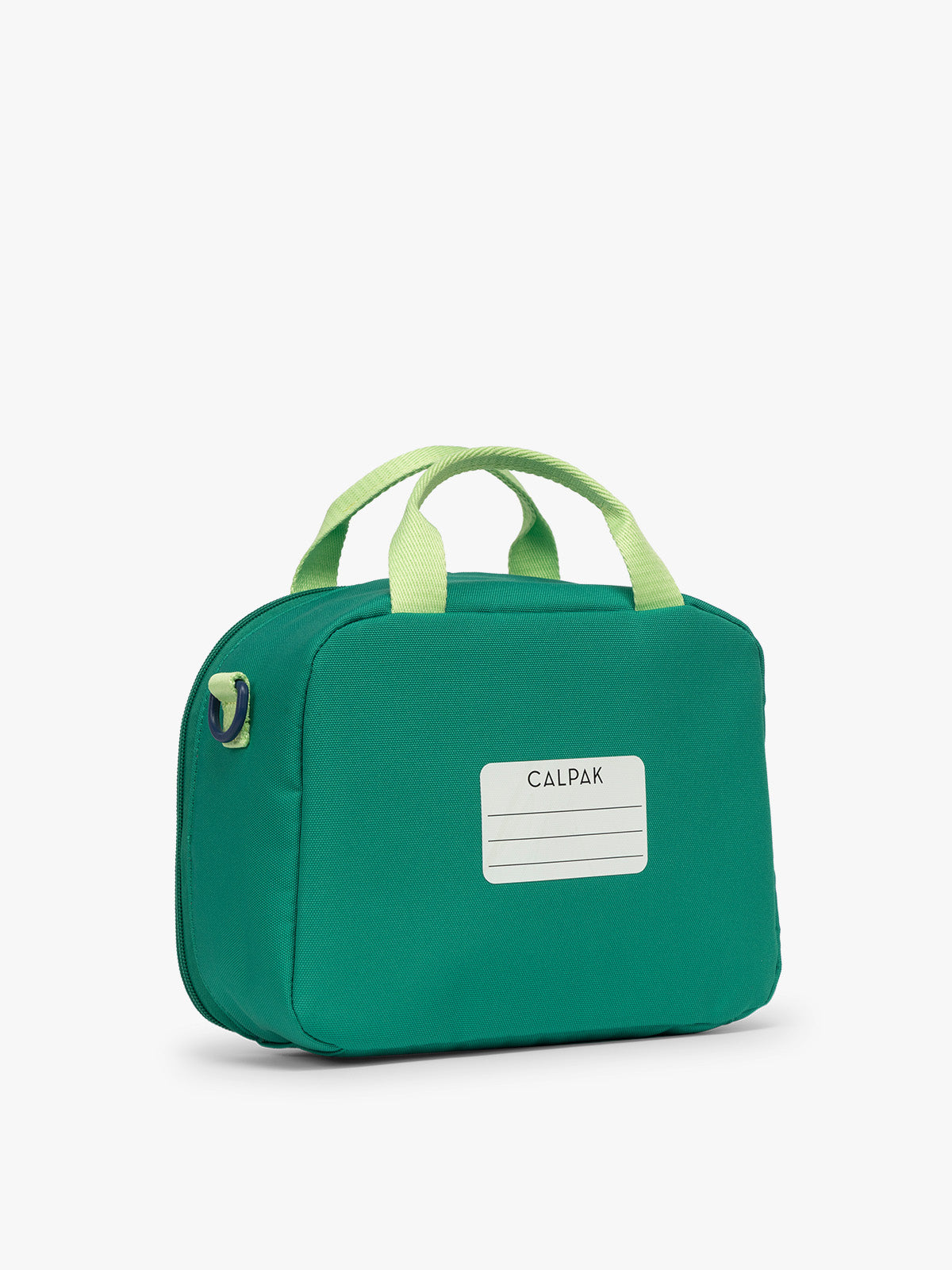 Back view with nametag of Green CALPAK Kids Lunch Bag with lime green accents and front mesh pocket on a white background; CKLB2501-GREEN