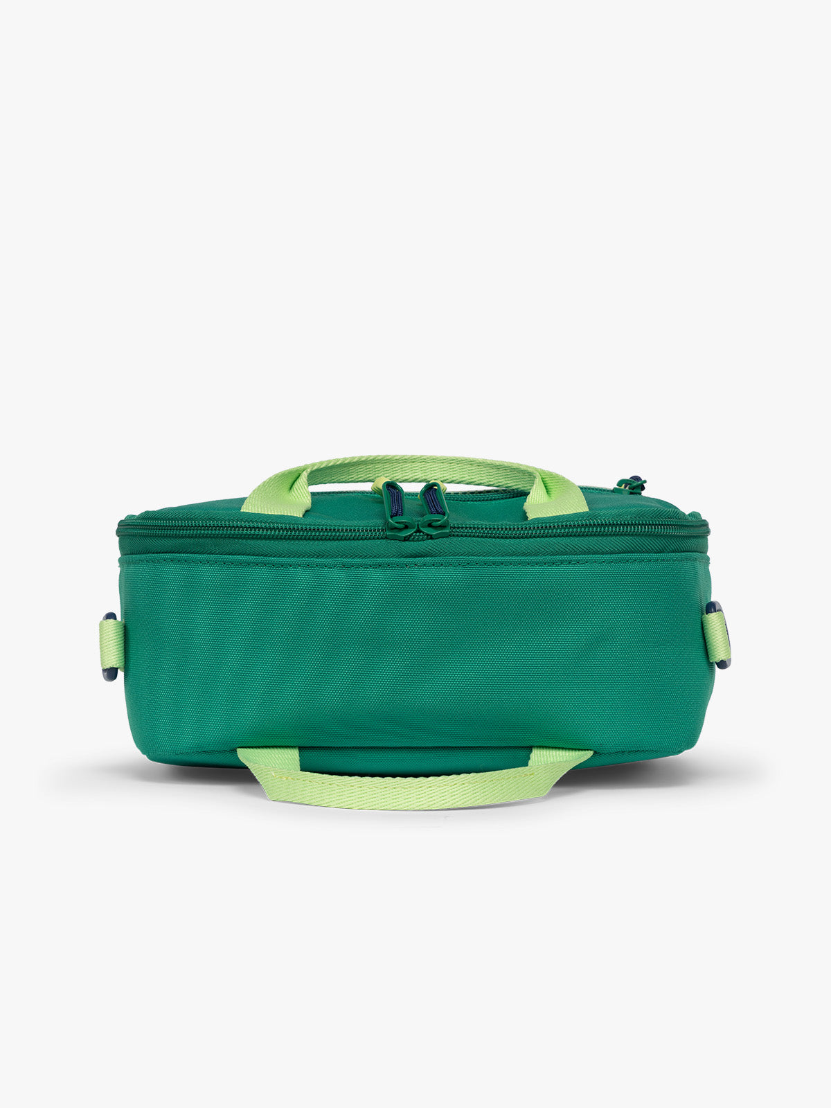 Top view of Green CALPAK Kids Lunch Bag with lime green accents and front mesh pocket on a white background; CKLB2501-GREEN