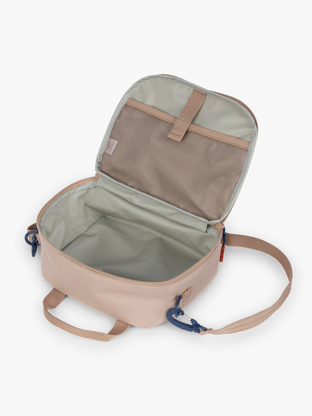 CALPAK Kids Lunch Bagin brown and tan Khaki opened view with water-proof lining, insulated, and mesh pocket; CKLB2501-KHAKI