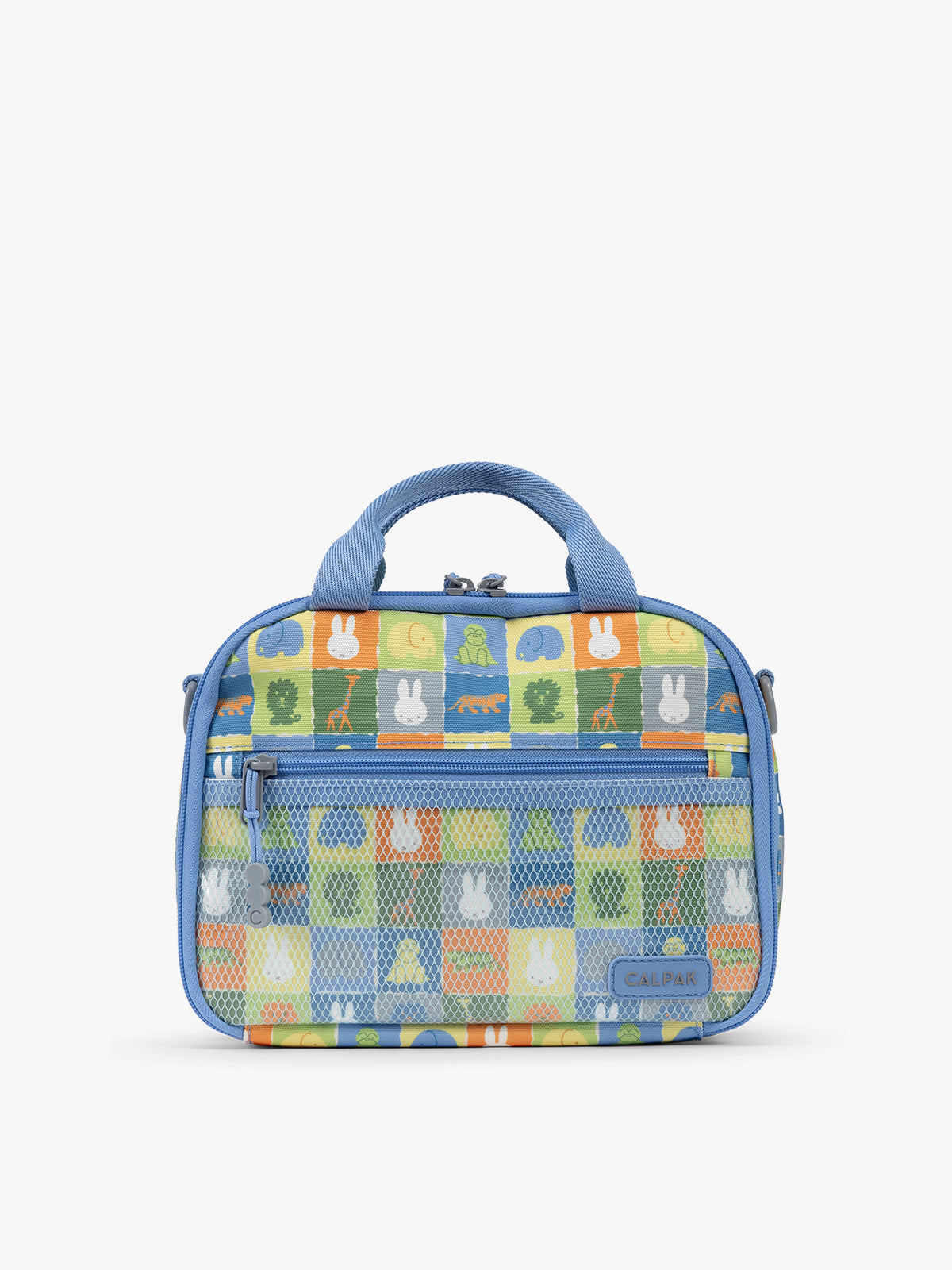 Front side of CALPAK Kids Lunch Bag with Miffy and animal pattern with mesh front pocket and top handles on a white background; CKLB2501-MIFFY-BLUE-ZOO-TRIP